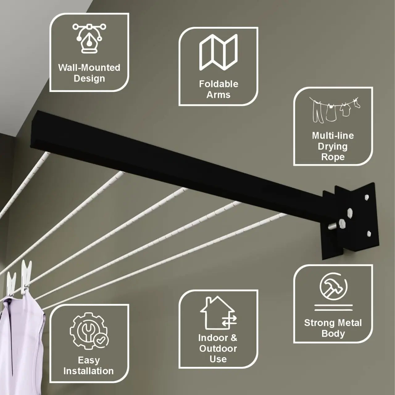 Foldable Wall-Mounted Clothesline with 30 Feet Free Rope(کپڑے سکھانے کا اسٹینڈ)